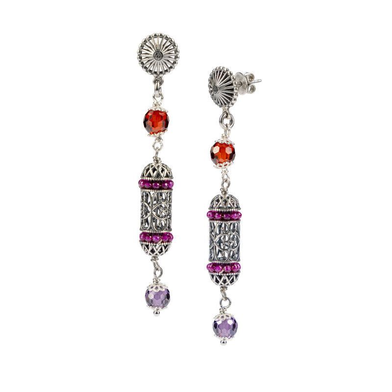 Orecchini pendenti argento brunito con Lanterne e zirconia sfaccettata