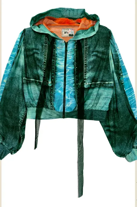 IPNG By Wild Curves: Beach Fairy Iridescent Jean Illusion Hoody Puff Jacket Front