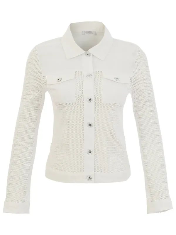 Dolcezza By Wild Curves: Netted Denim Jacket In White Dolcezza By Wild Curves: Netted Denim Jacket In White Front