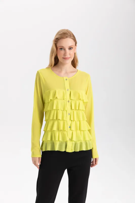 Isle Apparel By Wild Curves: Cha Cha Ruffled Cardigan In Lemon Juice Mesh Isle Apparel By Wild Curves: Cha Cha Ruffled Cardigan In Lemon Juice Mesh Front