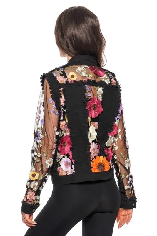 Adore By Wild Curves: 3D Floral Black Denim Lace Jacket Back