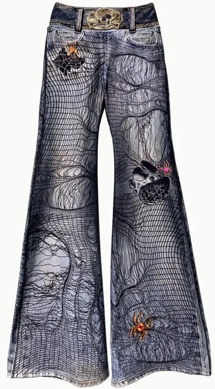 IPNG By Wild Curves: Entangled Pink Spider Distressed Denim Illusion Pants IPNG By Wild Curves: Entangled Pink Spider Distressed Denim Illusion Pants Front