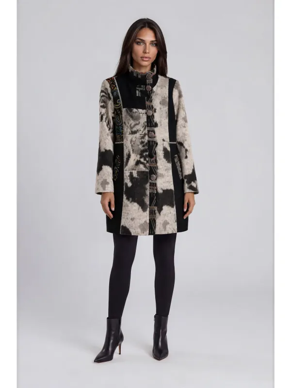 Adore By Wild Curves: Patchwork Print Faux Fur Coat Adore By Wild Curves: Patchwork Print Faux Fur Coat Front