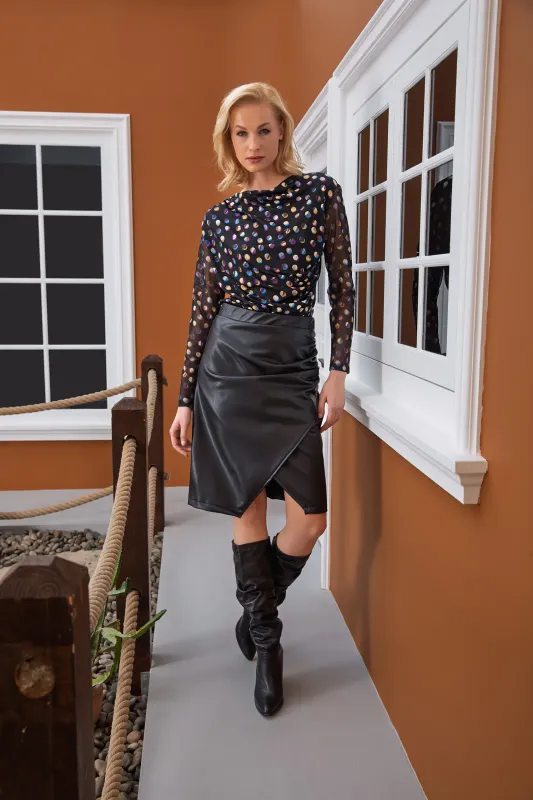 Isle Apparel By Wild Curves: Ruched Asymmetrical Vegan Leather Skirt Isle Apparel By Wild Curves: Ruched Asymmetrical Vegan Leather Skirt Front