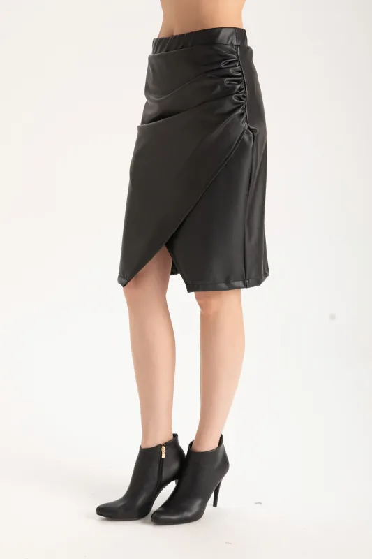 Isle Apparel By Wild Curves: Ruched Asymmetrical Vegan Leather Skirt Side 1