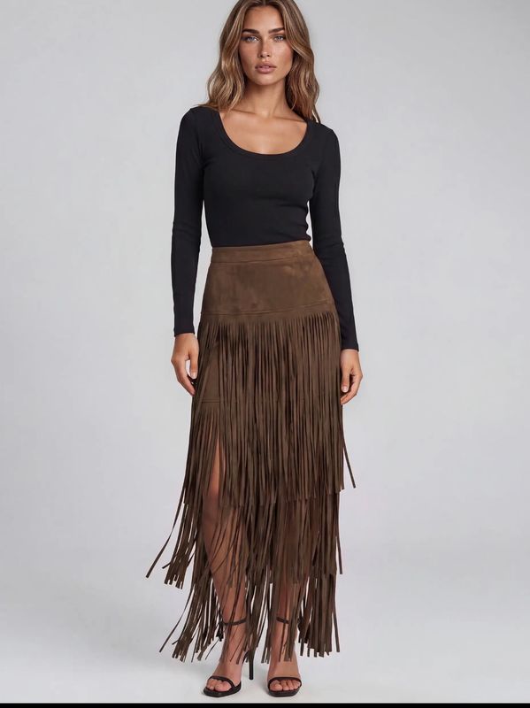 Adore By Wild Curves: Vegan Suede Cascading Fringe Midi Skirt Adore By Wild Curves: Vegan Suede Cascading Fringe Midi Skirt