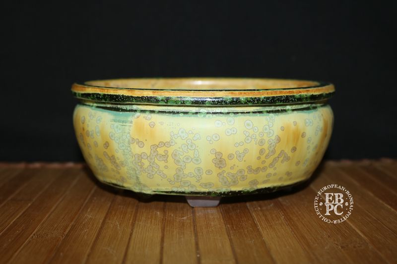 Bruno Auvinet - 17.2cm, Glazed; Bag Style Oval; Crystalline Glaze; Smokey Cream; Greens; EBPC Stamped; Bruno Auvinet