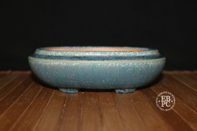 Bruno Auvinet - 16.6cm, Glazed Oval; Concave Rim; Crystalline; Oribe-like Glaze; Smoky Aquamarine; White & Silver Crystals; Greens; Blues; EBPC Stamped; Bruno Auvinet