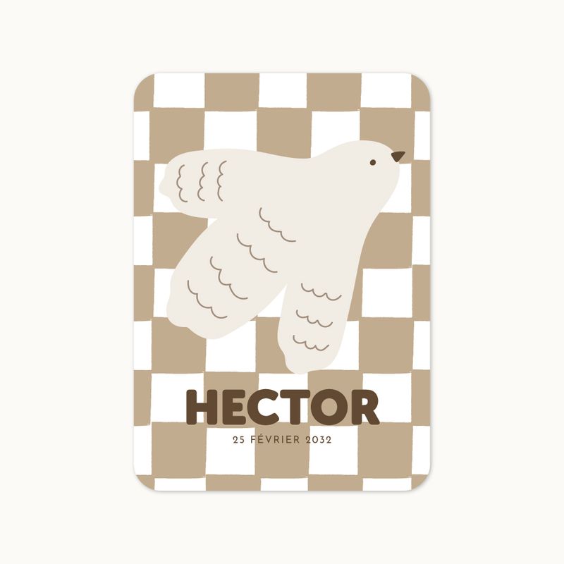 Faire-part de naissance Petit Messager avec motif damier et oiseau illustré.