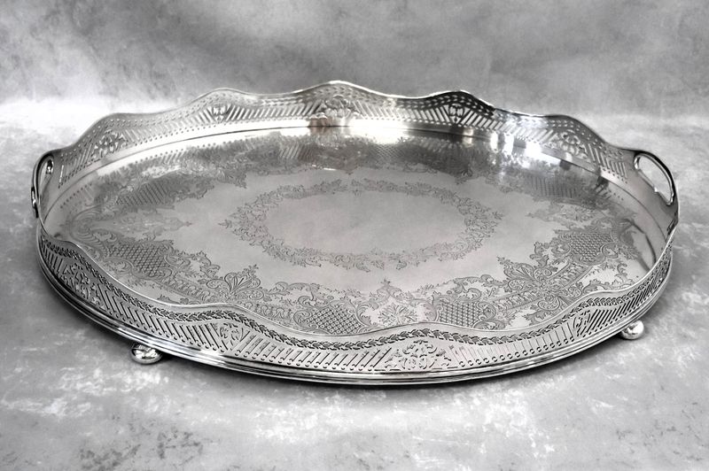 Georgian 1824 Henry Atkin London Sterling Silver 22” Oval Waiter Tray – 8.4 lbs
