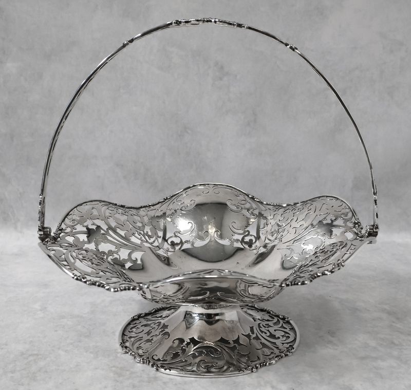 D.F. Fullerton London 1921 Sterling Silver Pierced Swing Handle Pedestal Basket – 618 grams