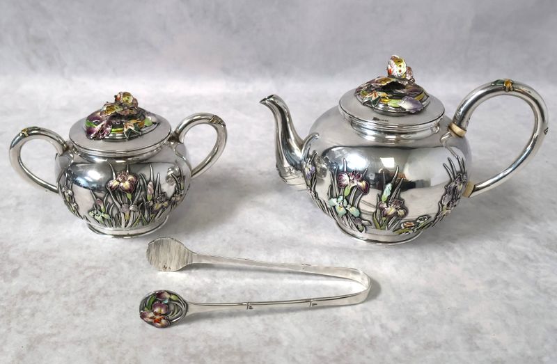 Antique Japanese Export Solid Silver &amp; Enamel Tea Set – Teapot, Sugar &amp; Tongs – Turtle Mark Attributed to Sanju Saku, Meiji Period (508g)