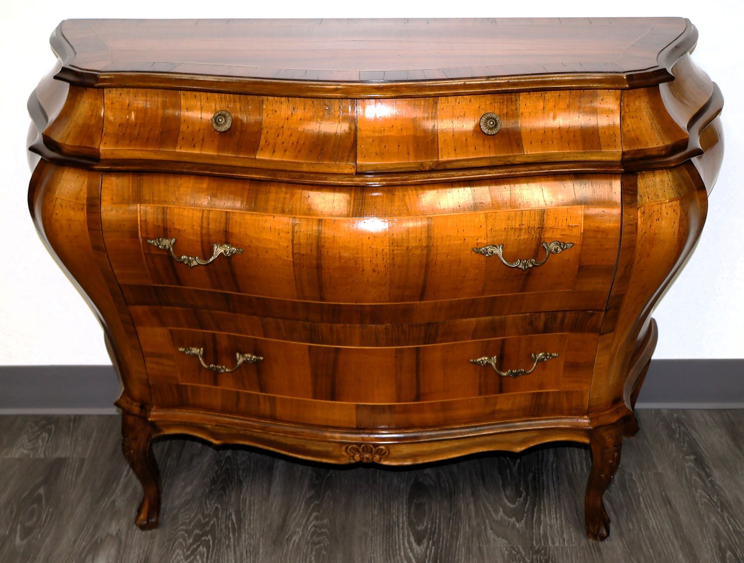 Italian Louis XV Bombe Serpentine Commode Chest | Walnut &amp; Olivewood Veneer – Made in Italy