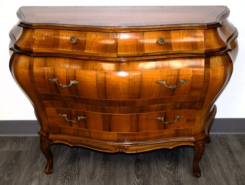 Italian Louis XV Bombe Serpentine Commode Chest | Walnut &amp; Olivewood Veneer – Made in Italy