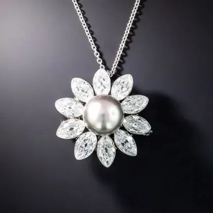 Pearl and Marquise Diamond Flower Pendant/Brooch with 18 inch chain