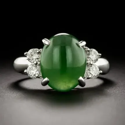 14k White Gold Natural Jade and Diamond Ring