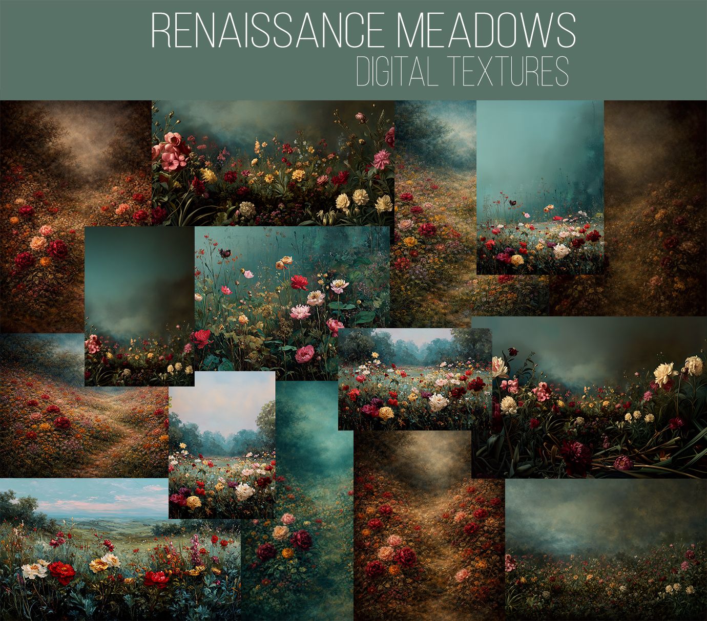 15 Renaissance Meadow Textures -Painterly Backdrops - Digital Backgrounds - Textured Painterly Photoshop Overlays by Tara Mapes