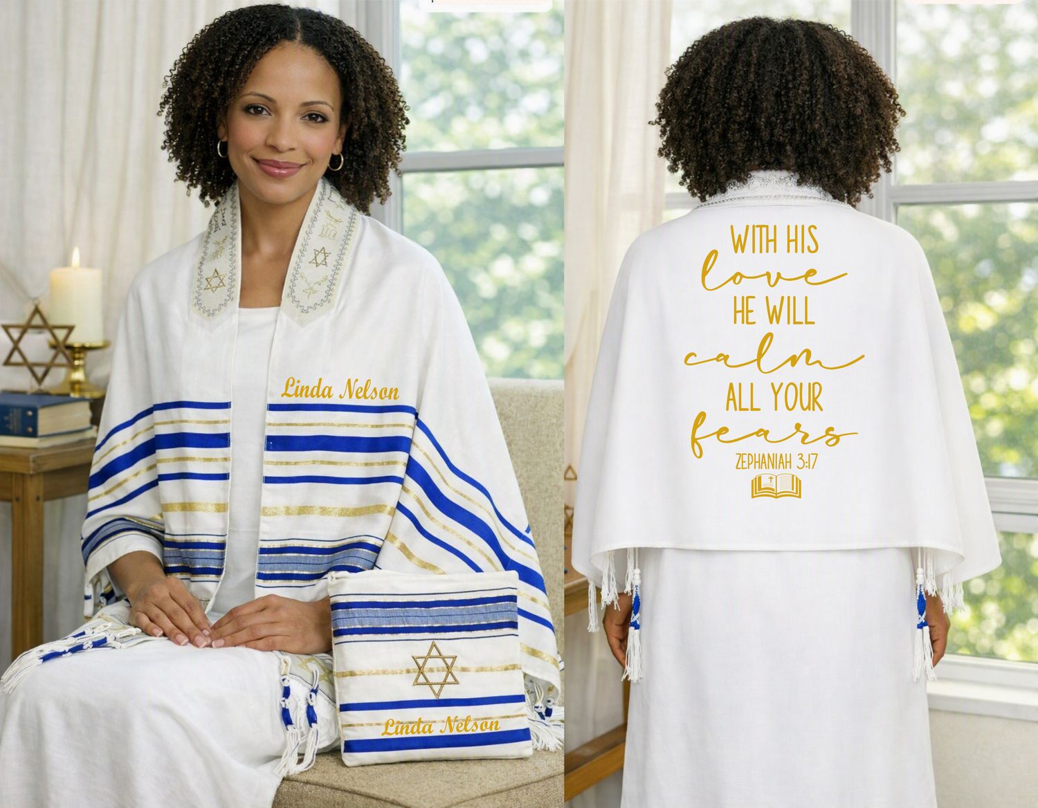 Personalized Prayer Shawl Tallit with custom name, scripture verse, and matching pouch – crafted for worship and comfort