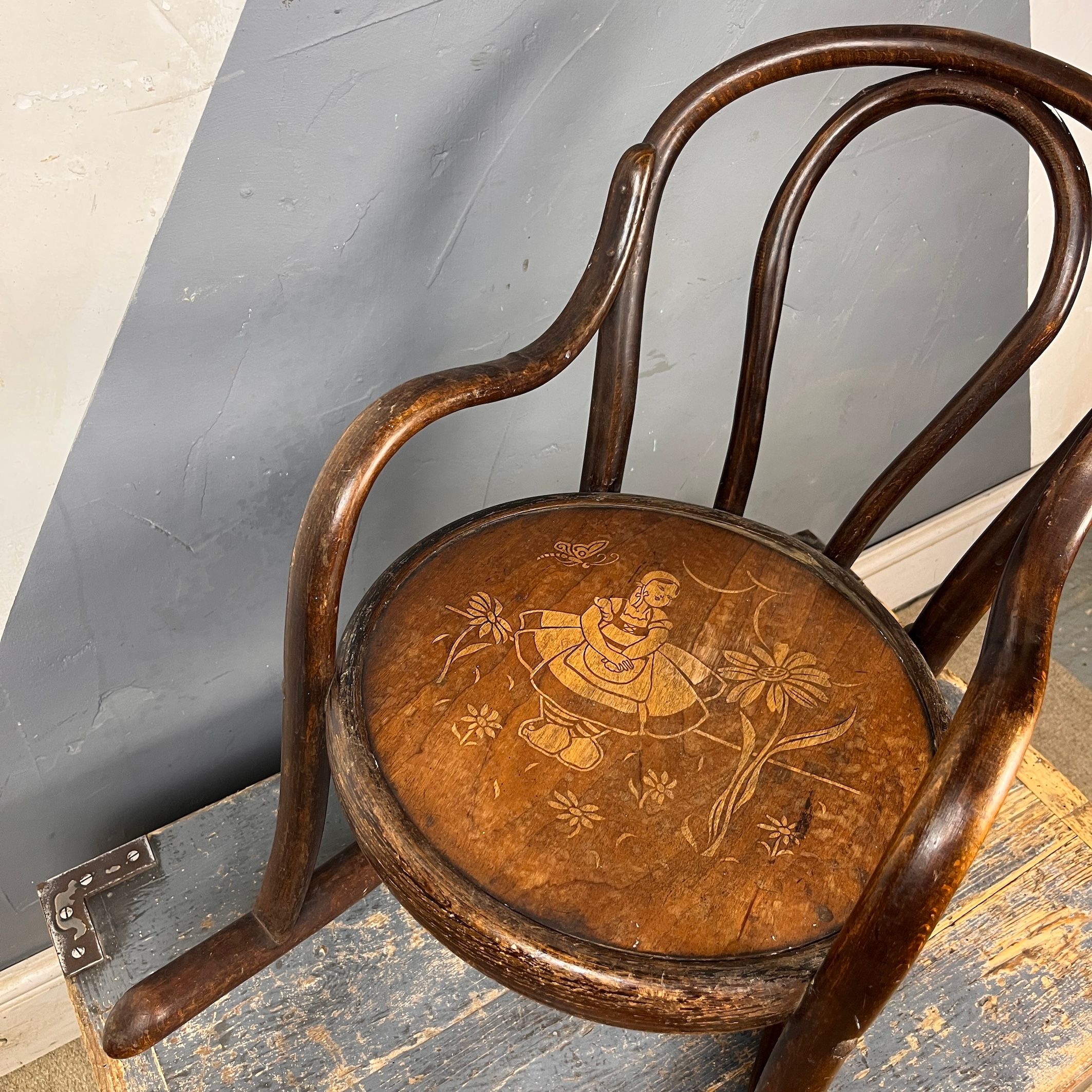 Antique Rare Decorated Fischel Bentwood Childs Rocking Chair