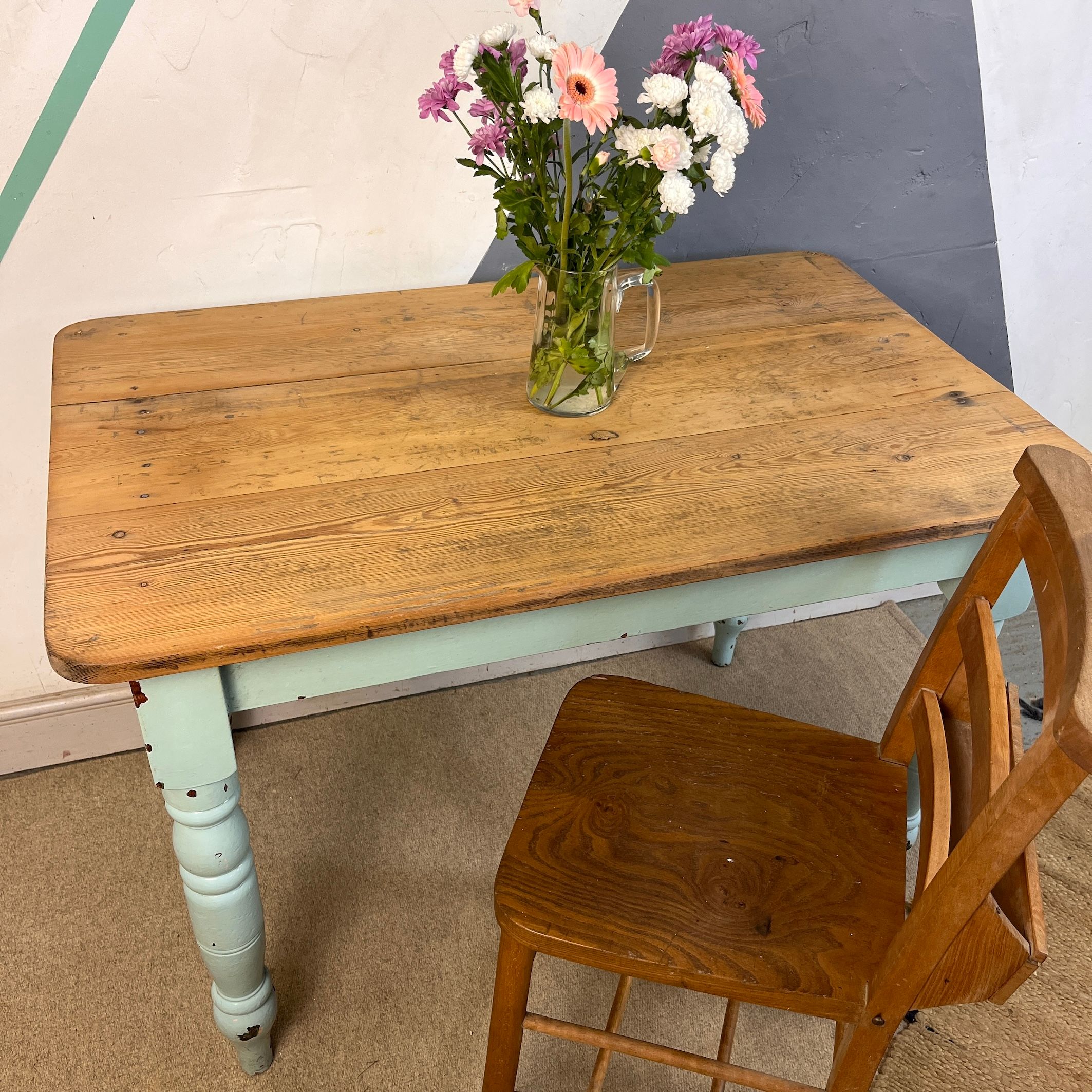 Rustic Pine Victorian Farmhouse Kitchen Dining Table Blue