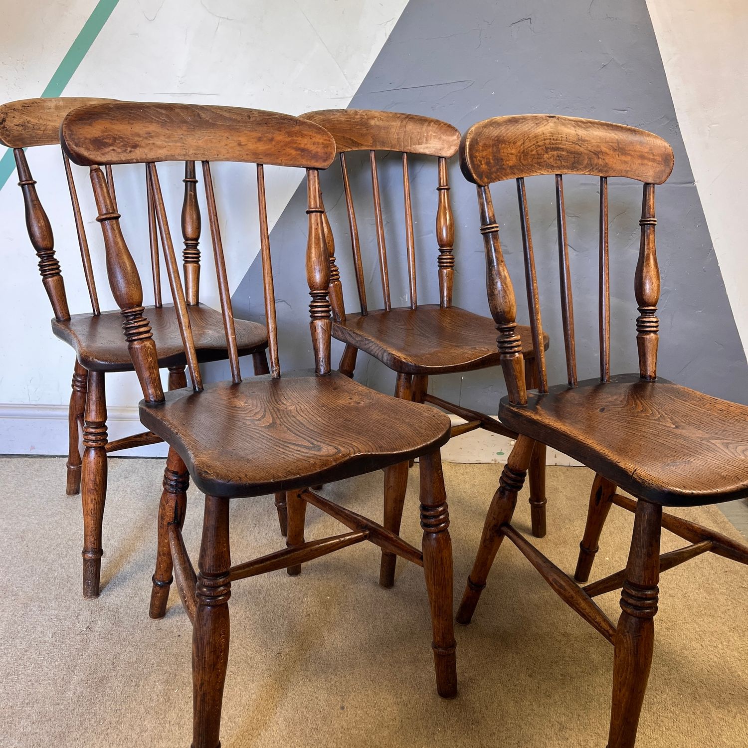 Antique Elm Victorian Kitchen Dining Chairs Set 4