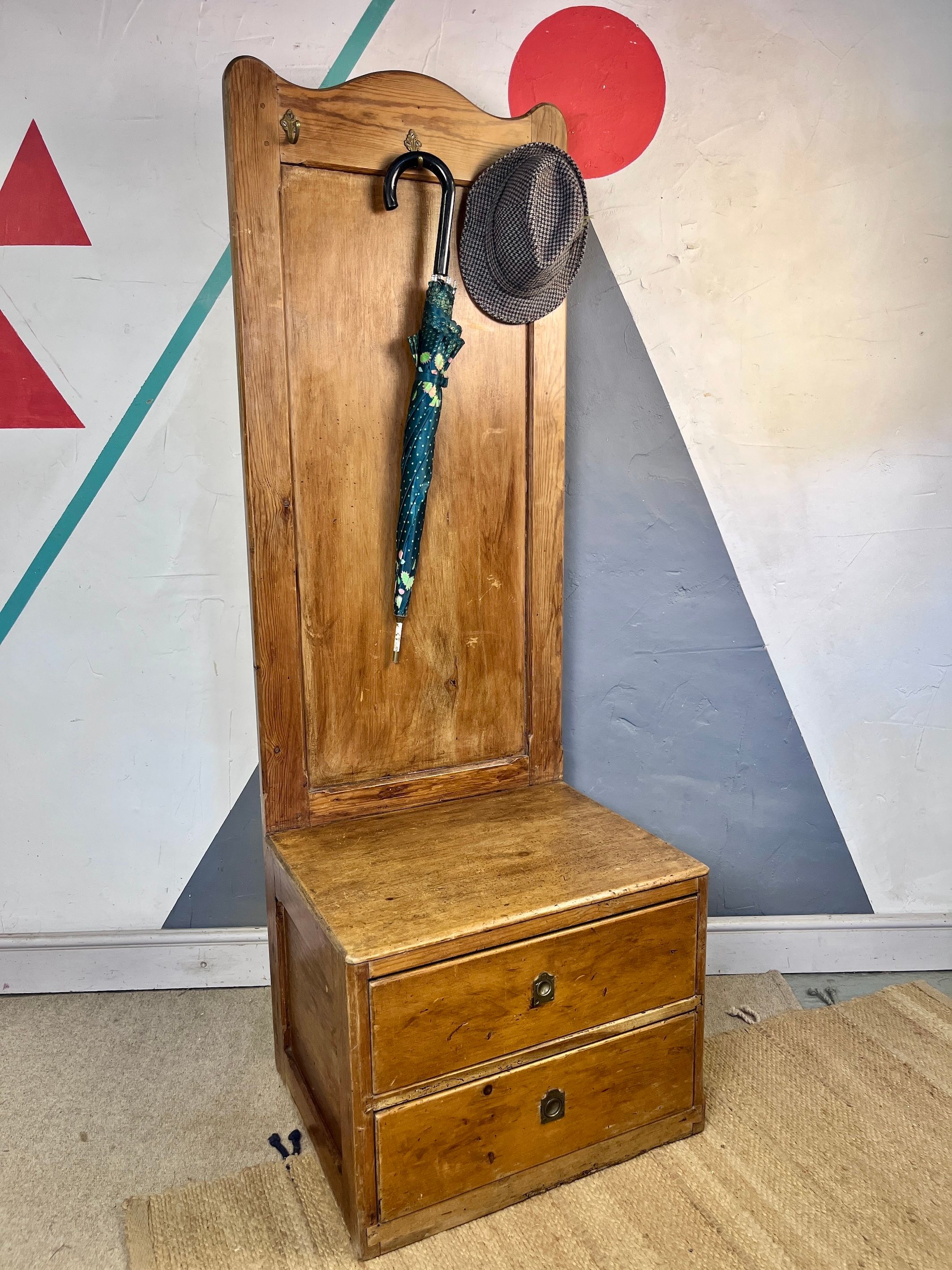 Antique Pine Coat Rack Settle Bench Seat