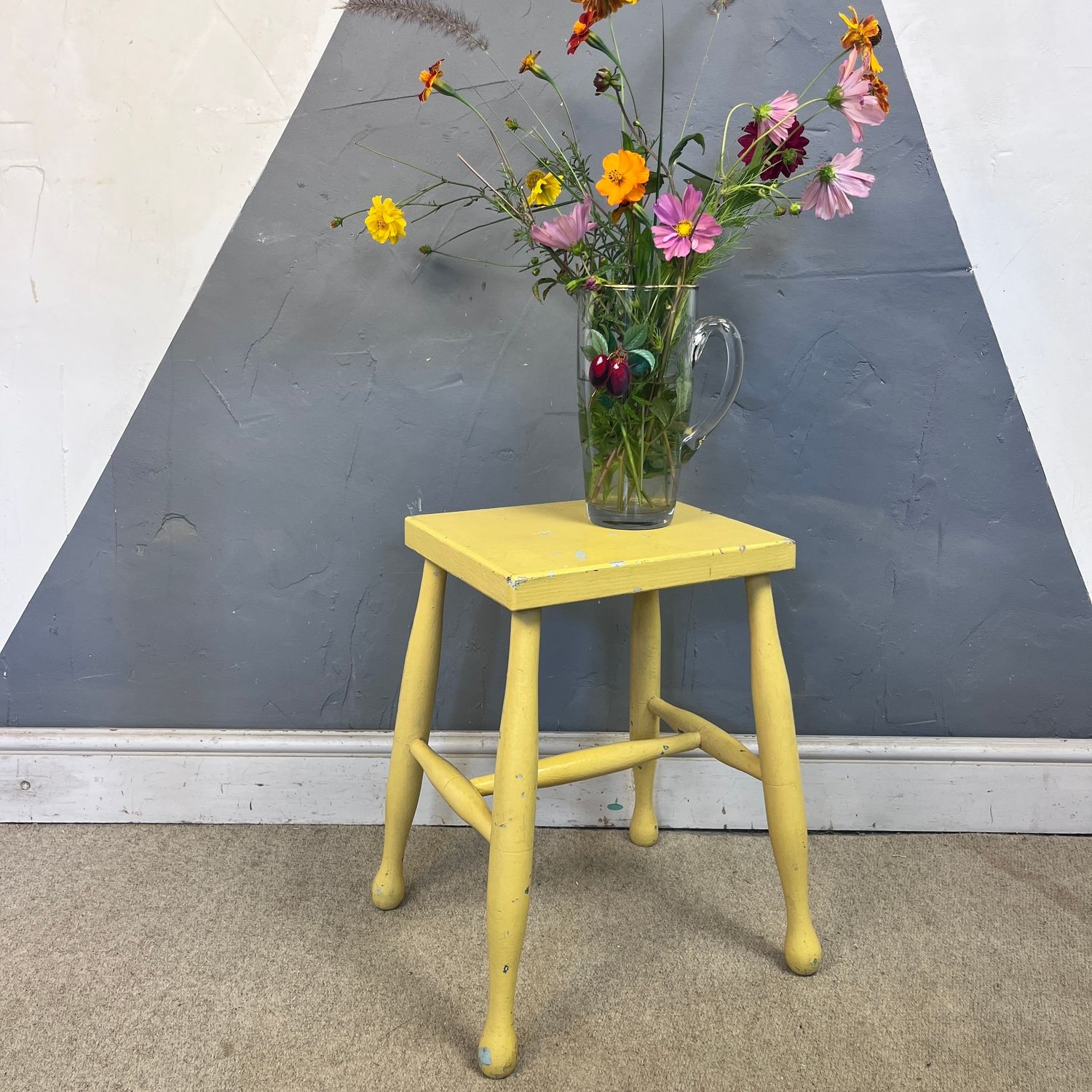 Yellow Farmhouse Stool Rustic Seat Bedside Plant Stand
