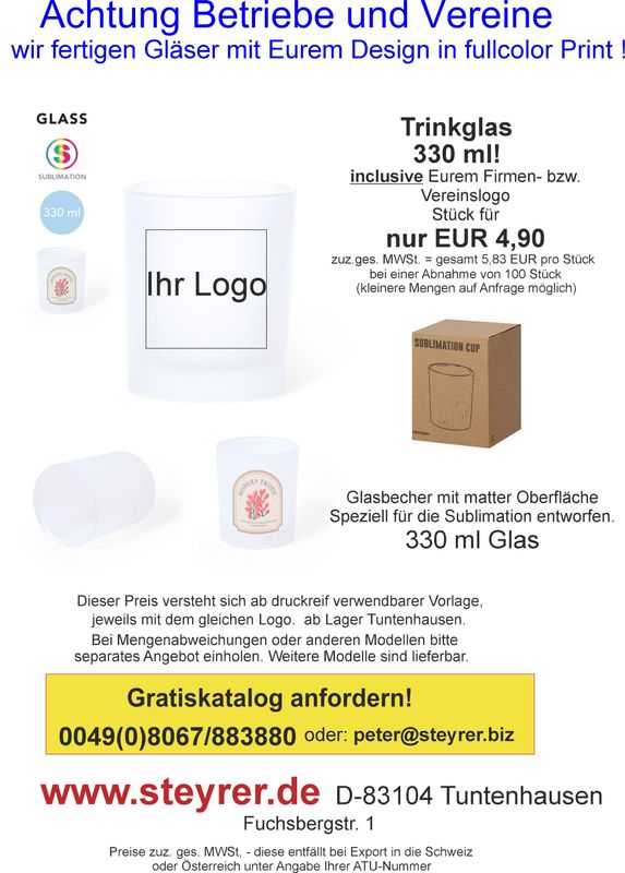 Trinkglas 330ml fullcolor Print 100er Paket