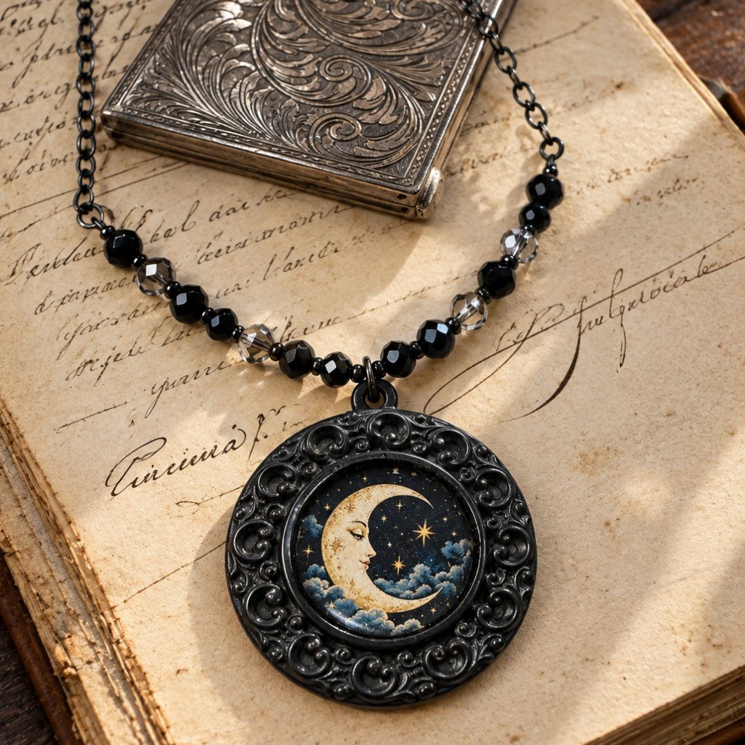 Collana Nera Vittoriana con Luna e Stelle Collana Nera Vittoriana con Luna e Stelle