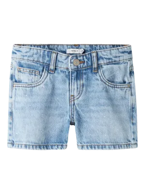 KIDS jeansshort pareltjes - ROSE - light blue denim