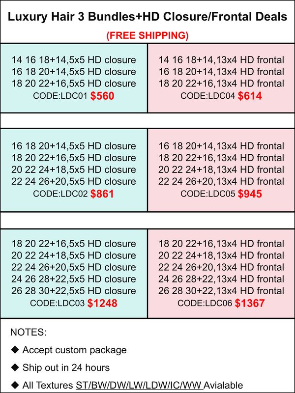 Luxury Hair 3 Bundles+HD Closure/Frontal Deals