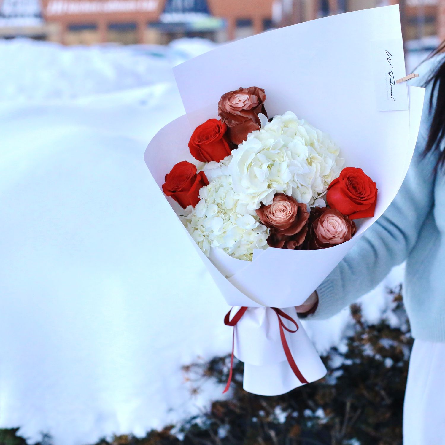 Snow-Kissed Hydrangea and Rose Bouquet - Velvet Chocolate - Valentine's Day 2026