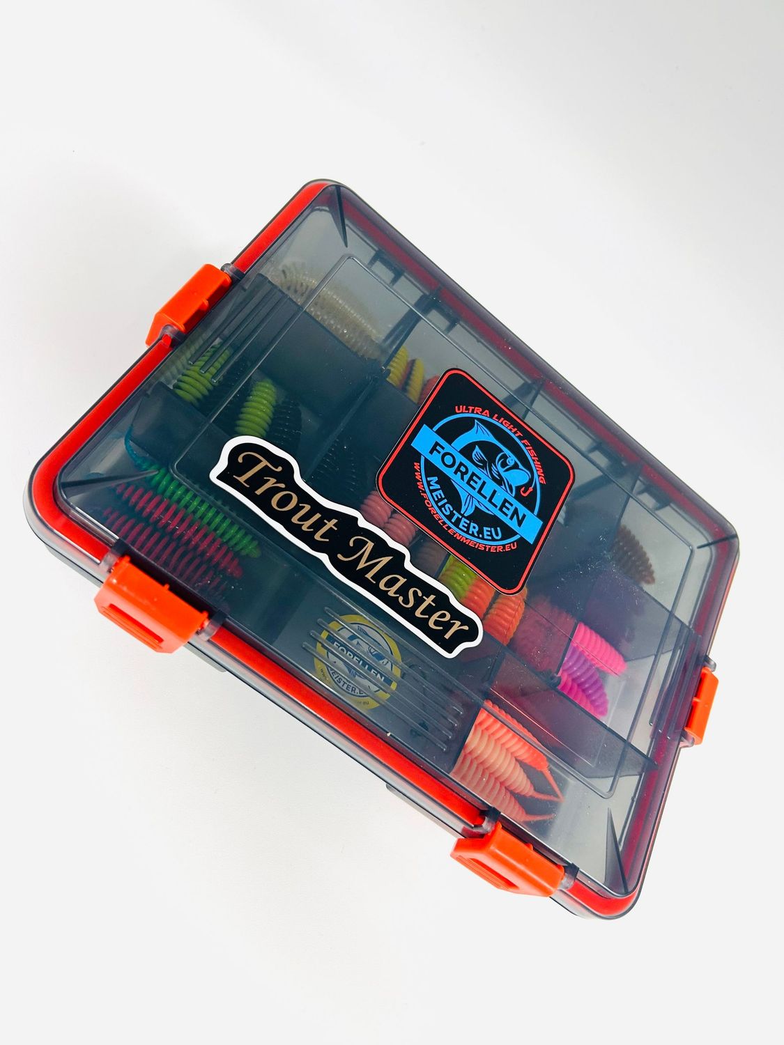 Forellnmeister.eu und Trout Master Sortimentbox:  40 Köder + Tungstenhaken und Box