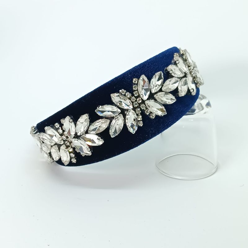 Diadeem tiara blauwe fluweel met strass - breed