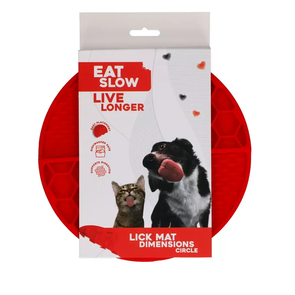 Eat Slow Live Longer Lick Mat Dimensions Circle Rot – Leckmatte – 2 Muster