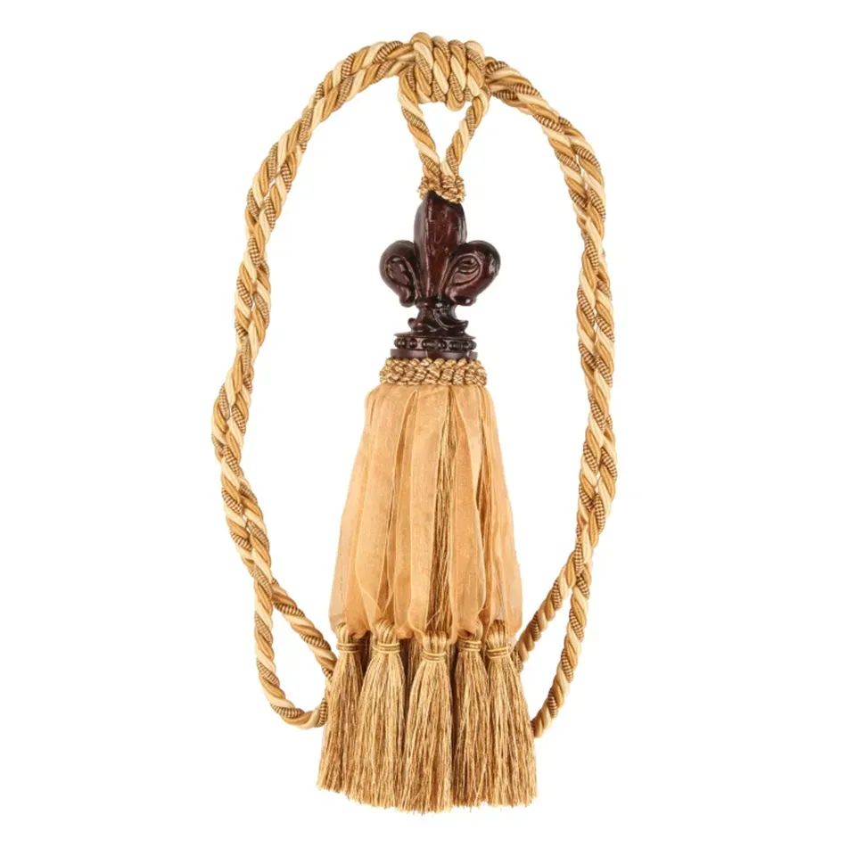 Goldener Lilien-Raffhalter aus Stoff mit dekorativer Lilie und Fransenquaste
