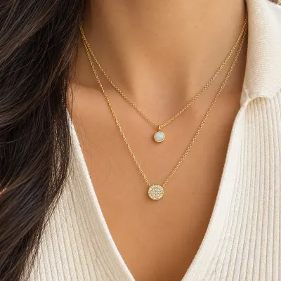 Kamaria Bezel Opal and Pave Disc Double Layering Necklace
