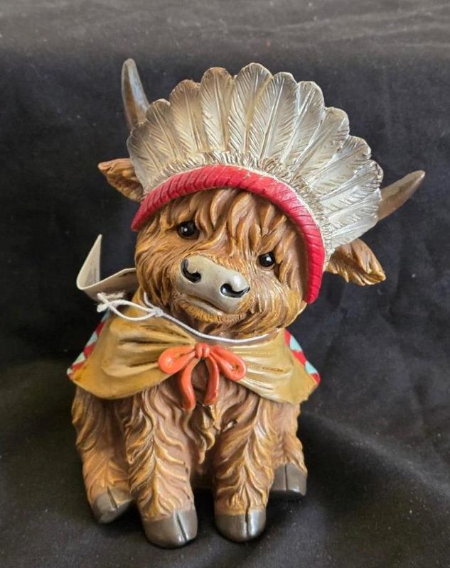 Highland Cow Tabletop Native American Indian Chief Harvest Thanksgiving Home Accent Resin