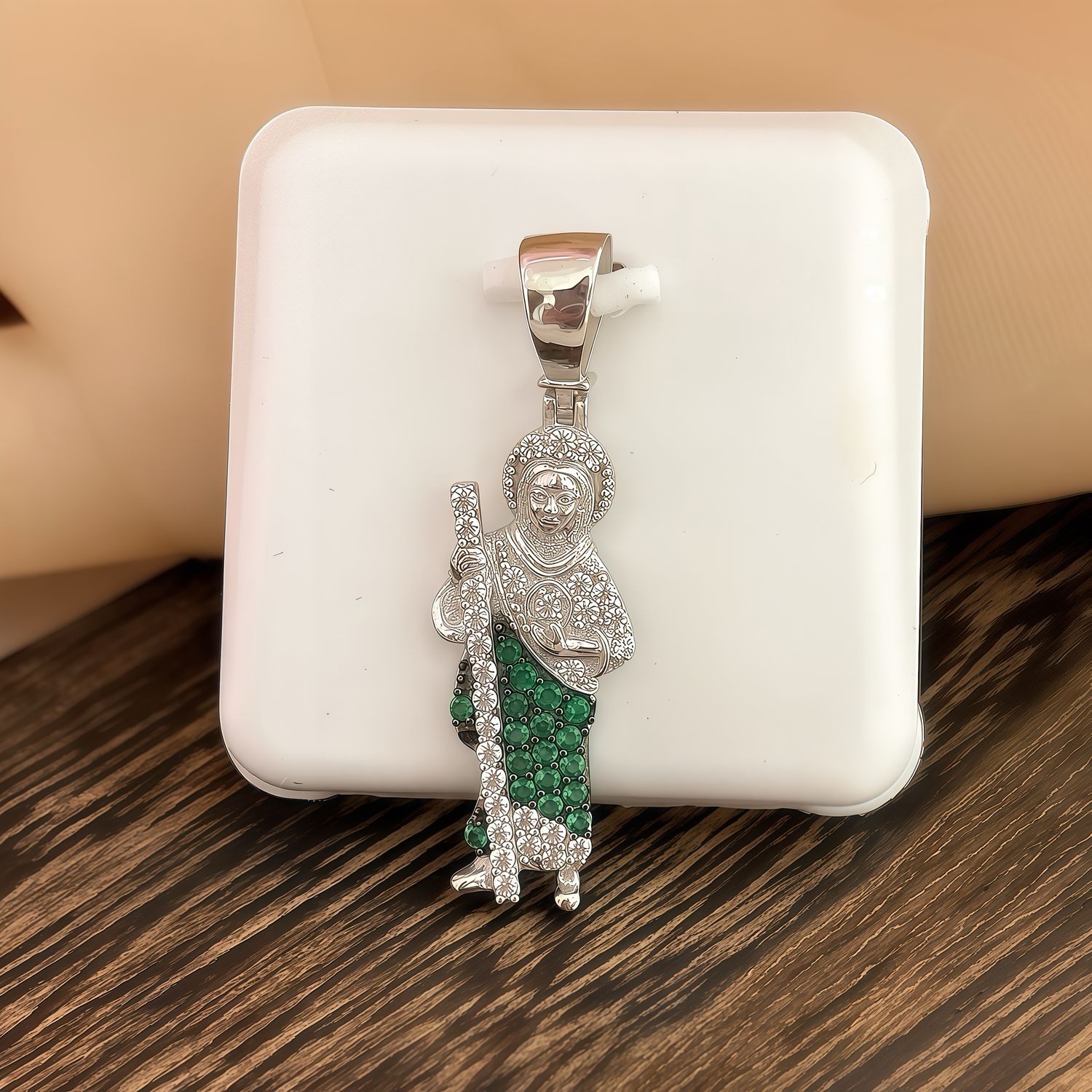 Dije san Judas Manto verde Micropabe, con Rodio mide 4CM, Plata Italiana 925