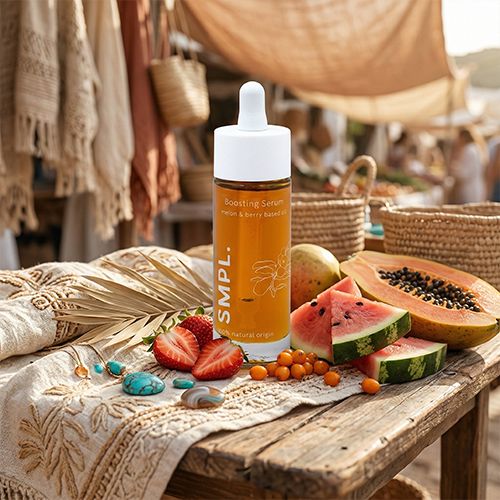 Sfeervol beeld van het SMPL Boosting Serum op een zonnige Ibiza markt op een houten Tafel voor Marktconcurrent.