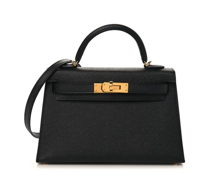 Hermes Mini Kelly, Noir Epsom Leather with Gold Hardware, C Stamp, Pristine Condition in Box KJRB088