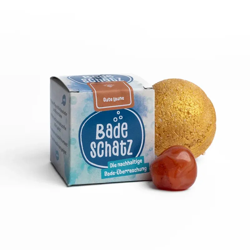 BadeSchatz Badebombe mit Überraschung „Gute Laune“ – Bio Badebombe mit Karneol Edelstein & plastikfreier Verpackung ?