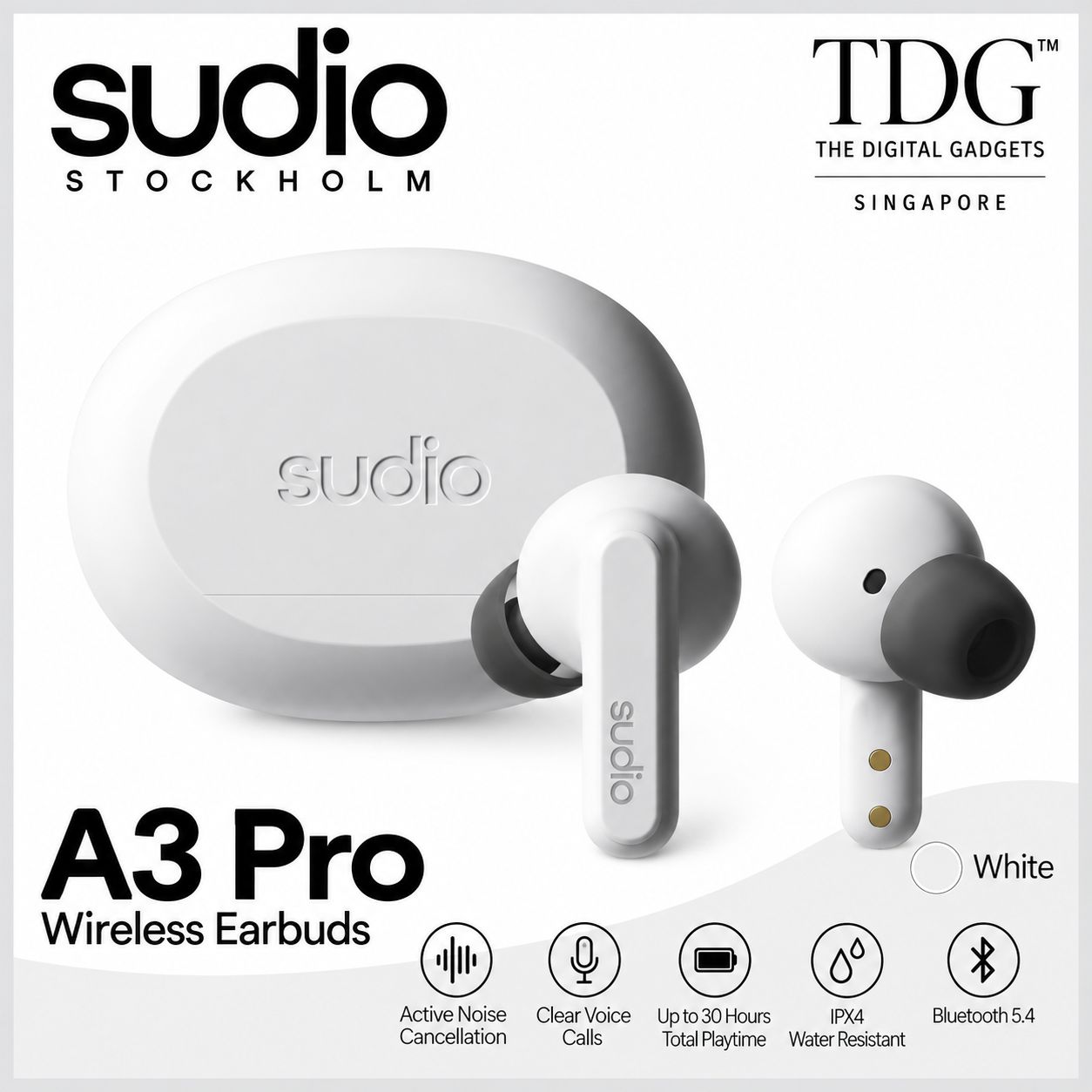 Sudio SD-A3PROWHT A3 Pro Wireless Earbuds - White