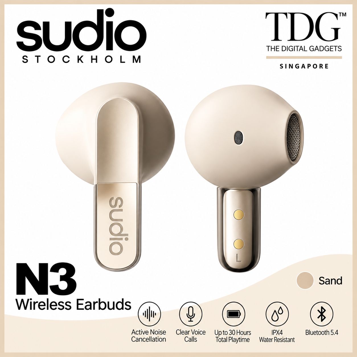 Sudio SD-N3SND N3 Wireless Earbuds - Sand