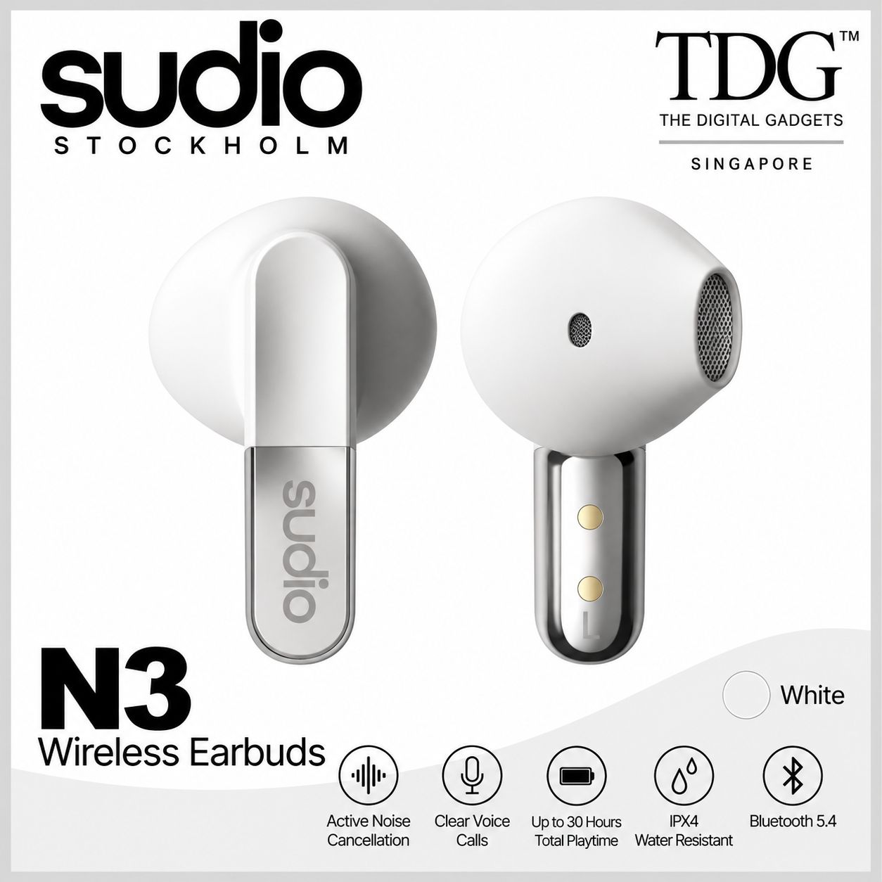 Sudio SD-N3WHT N3 Wireless Earbuds - White