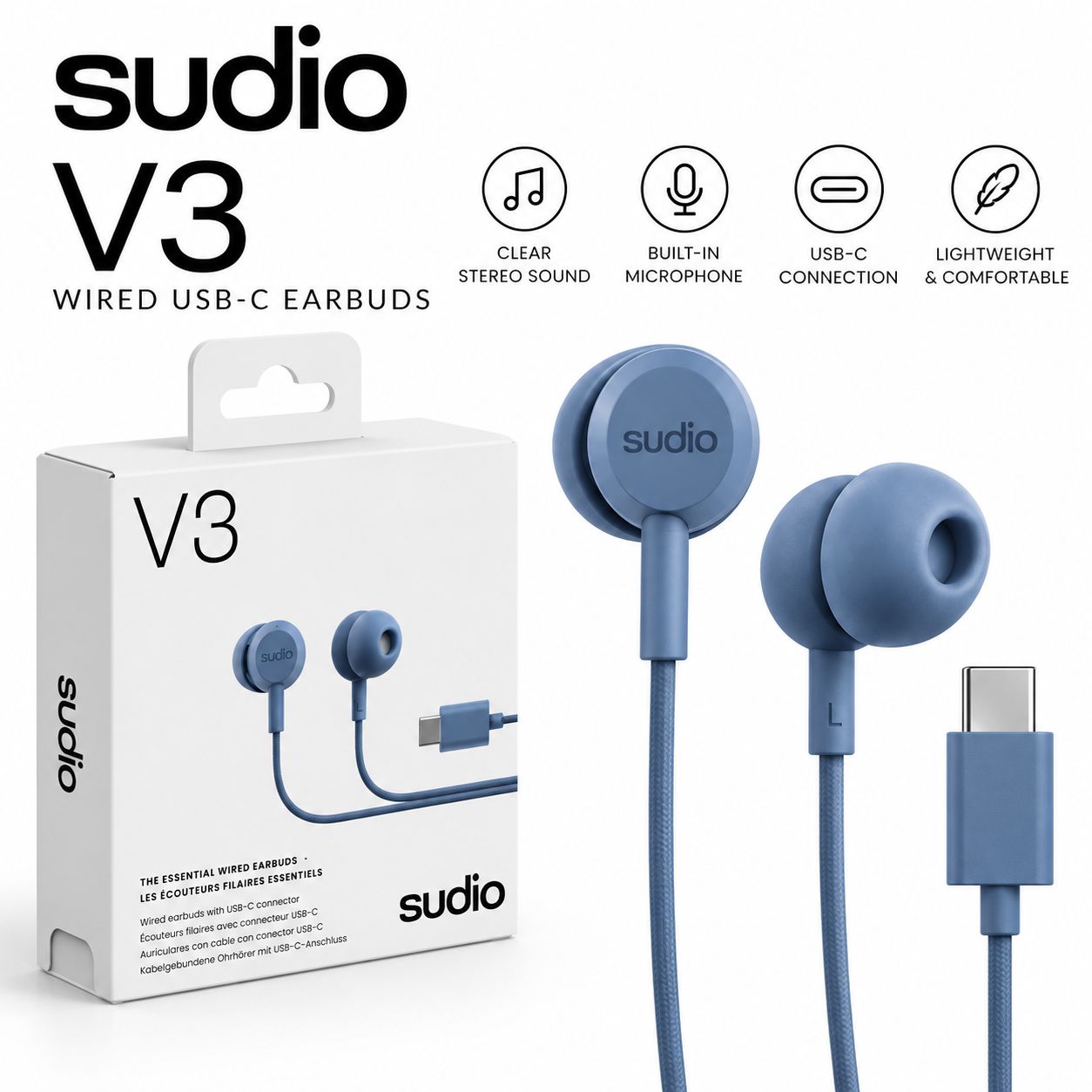 Sudio SD-V3BLU V3 Wired USB-C Earbuds - Blue