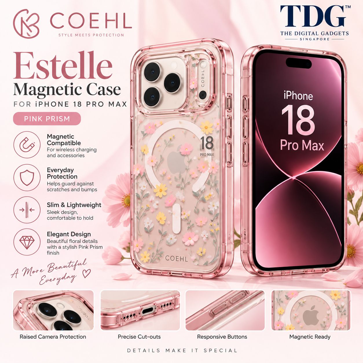 Coehl iPhone 18 Pro Evie Magnetic Case, Pink Blossom -New!