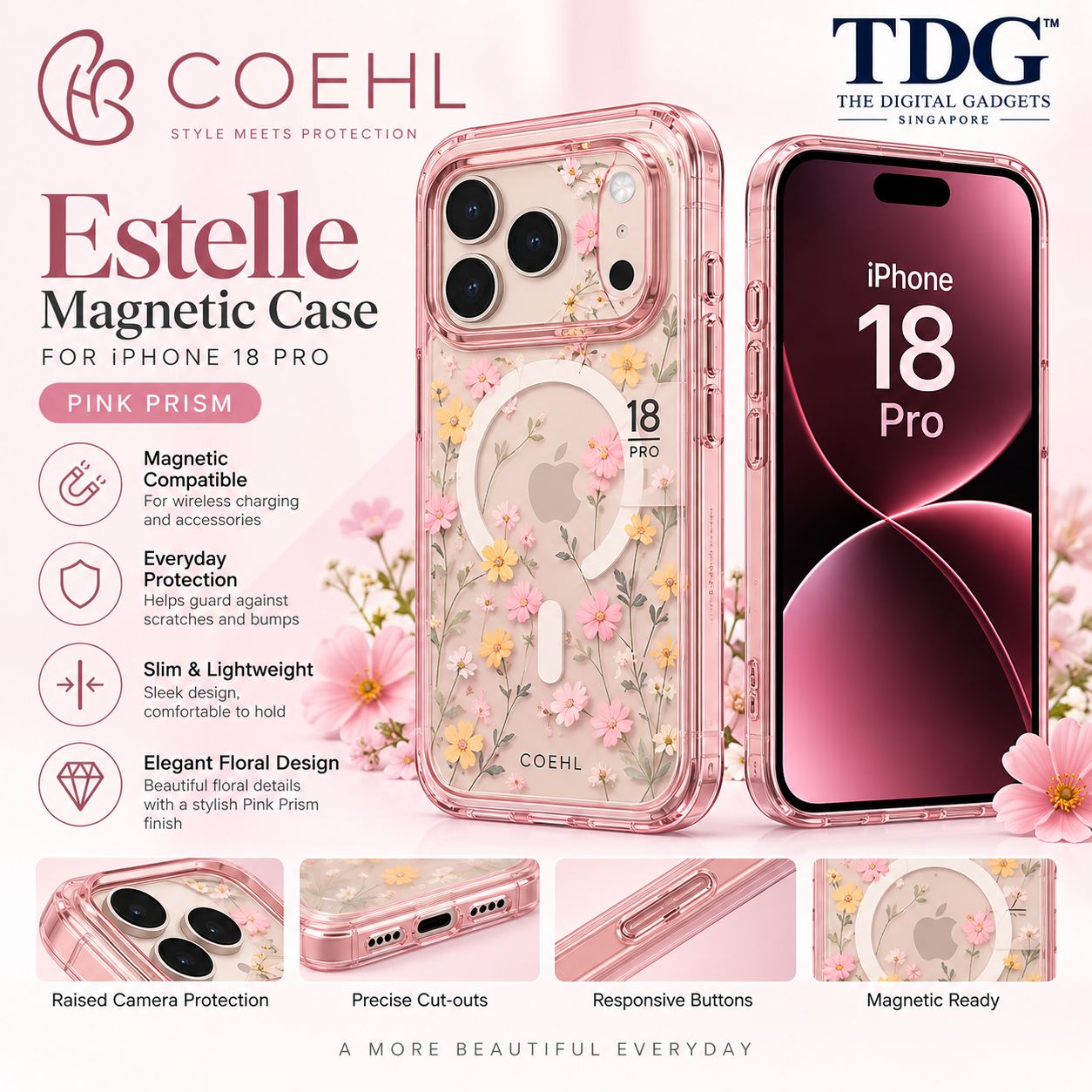 Coehl iPhone 18 Pro Max Evie Magnetic Case, Pink Blossom -New!