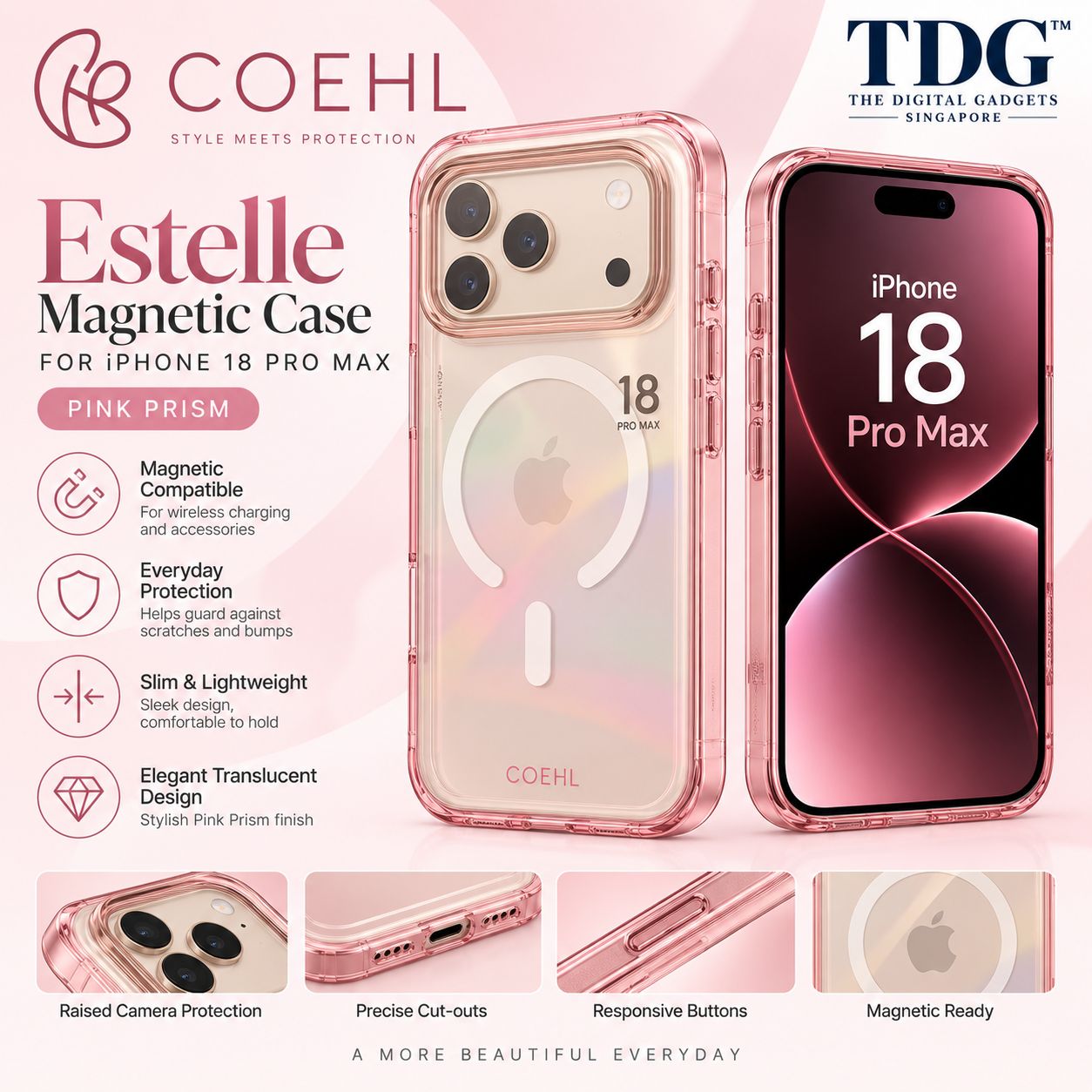 Coehl iPhone 18 Pro Max Estelle Magnetic Case, Pink Prism -New!