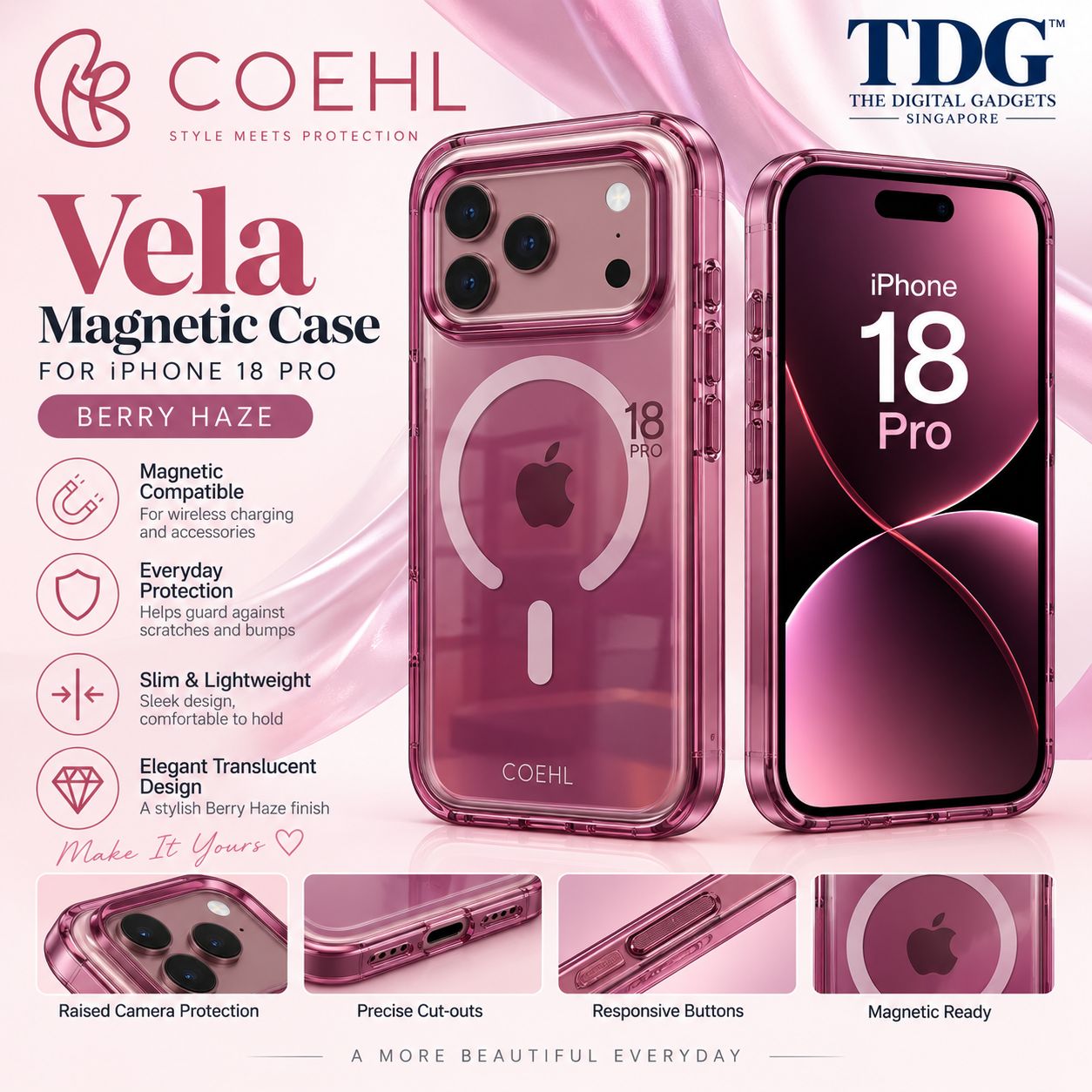 Coehl iPhone 18 Pro Vela Magnetic Case, Berry Haze -New!